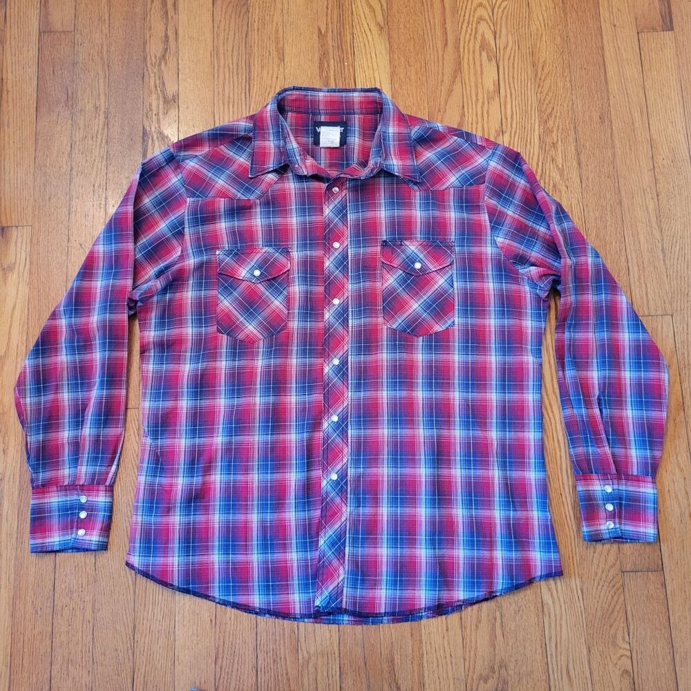 Wrangler Western Plaid‎ Shirt Red Blue Pearl Snap Long Sleeve XL Rodeo Vintage